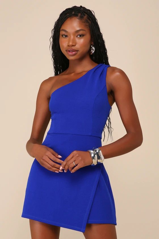 Enticing Cutie Royal Blue One-Shoulder Sleeveless Skort Romper | Lulus