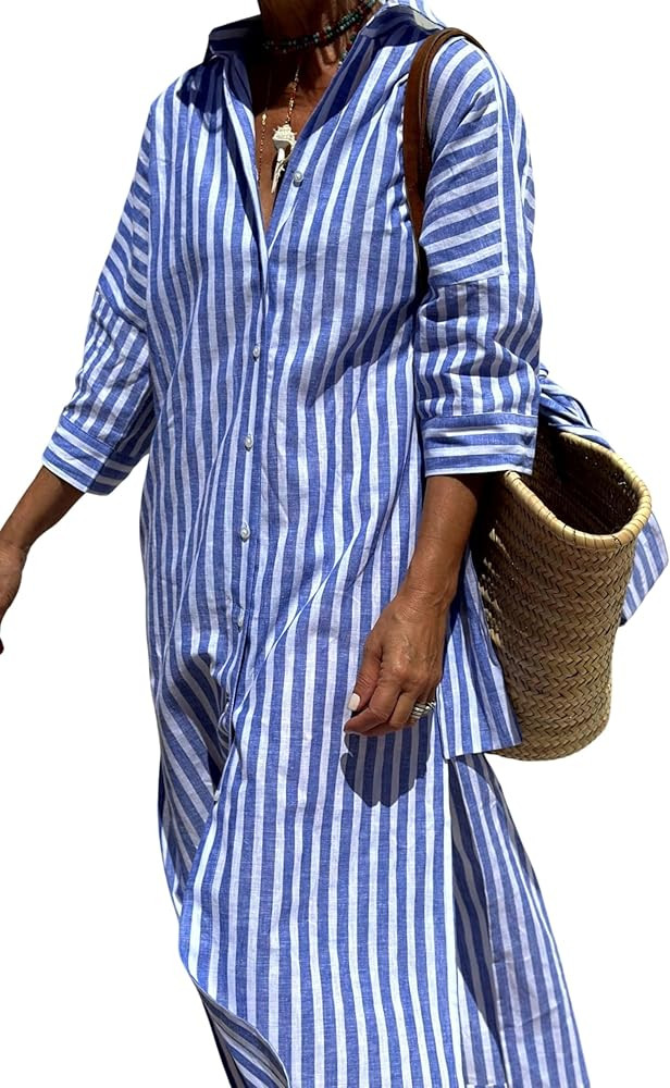 Hooever Shirt Dresses for Women Casual Long Sleeve Button Down Loose Striped Cotton Maxi Shirt Dr... | Amazon (US)