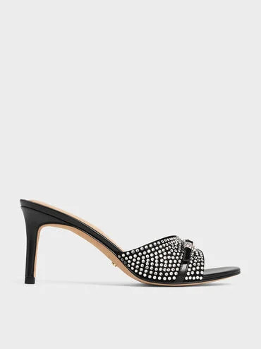 Black Leather & Suede Crystal-Embellished Buckle-Strap Heeled Mules | CHARLES & KEITH | Charles & Keith US