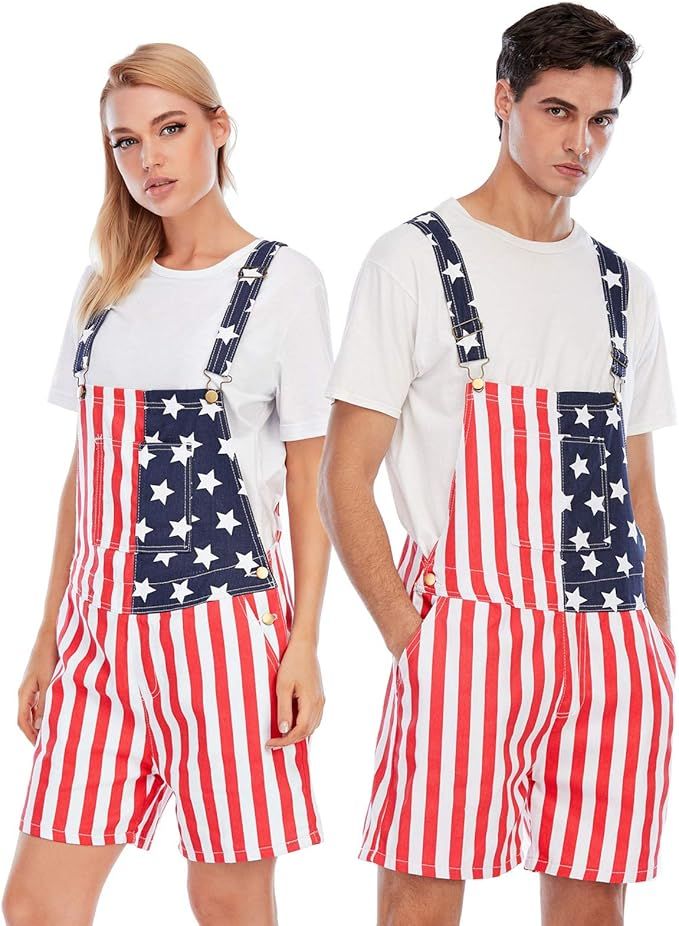 Jumpfolia Unisex Patriotic American Flag Print Denim Bib Overall Shorts Jeans - Mens & Womens One... | Amazon (US)