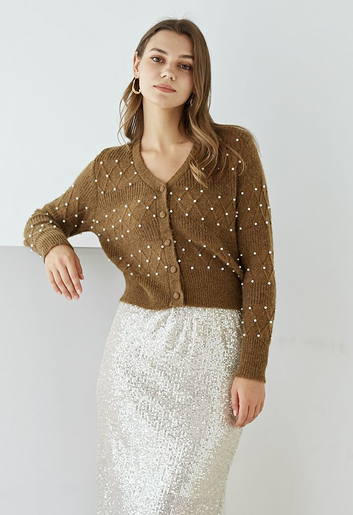 Diamond Texture Pearl Decor Knit Cardigan in Brown | Chicwish