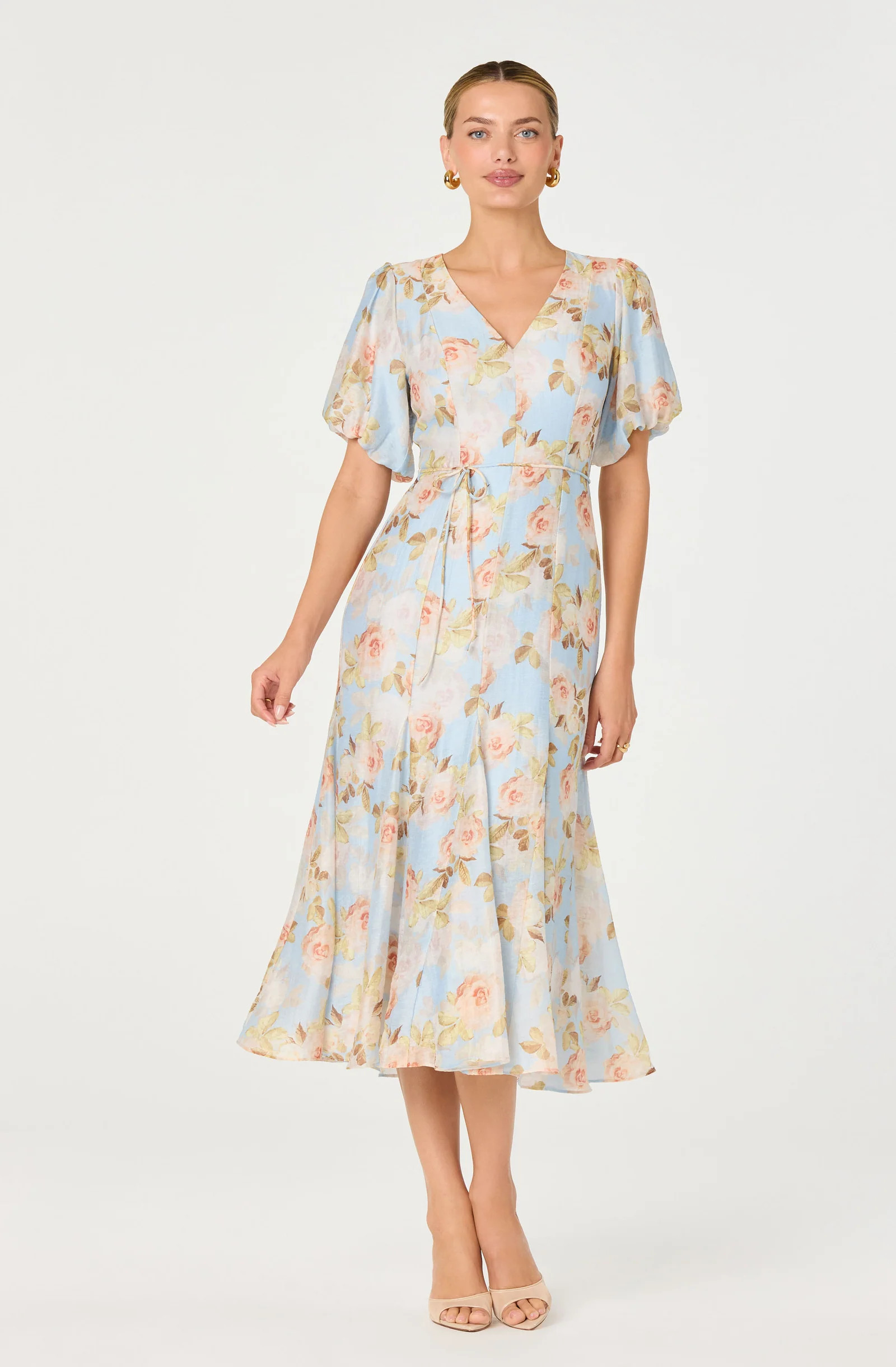 Lavena Floral Balloon Sleeve Midi Dress - Blue floral / L | ASTR The Label (US)