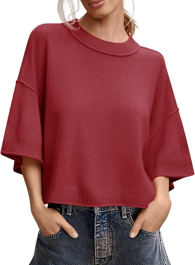 Saodimallsu Womens Short Sleeve Sweater Oversized Cropped Sweaters Knit Top | Summer,Casual,Crew ... | Amazon (US)