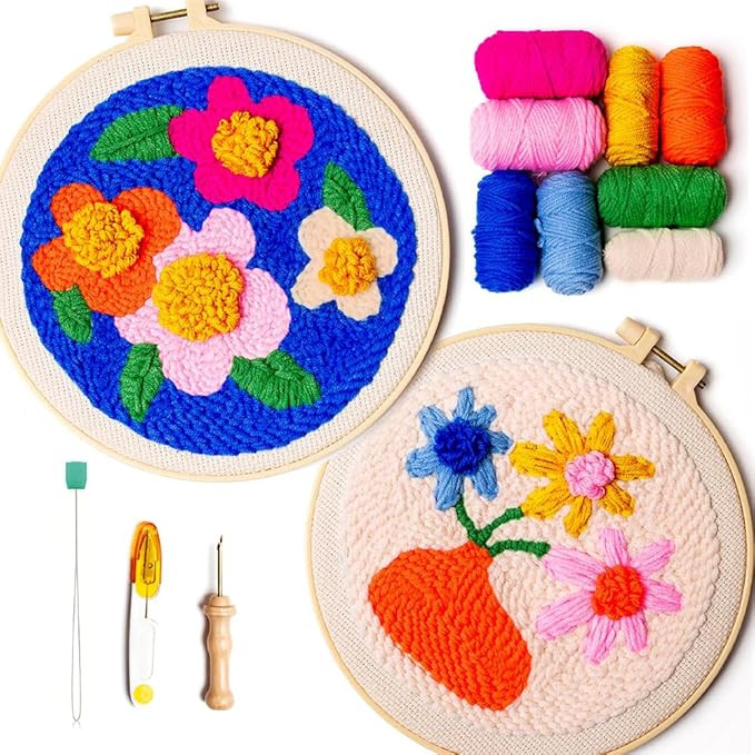 Amazon.com: SPINNY Punch Needle Kit, Two Large Floral Designs w/ 2 Embroidery Hoops, Includes Beg... | Amazon (US)