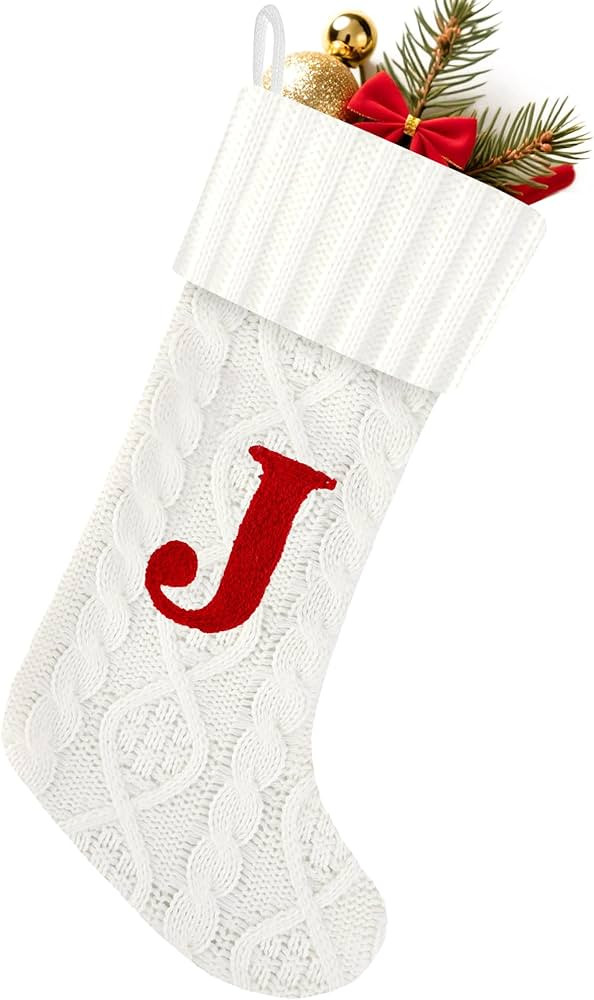Christmas Stockings with Initials,20 Inches Large White Embroidered Monogram Knitted Christmas St... | Amazon (US)