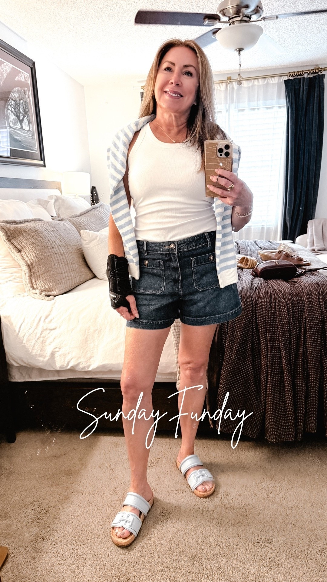 Sunday Funday casual look 🤍
Easy summer outfit with a classic white tank, high-waisted denim shorts, and a lightweight striped sweater for layering. Finished with comfy slides for an effortless weekend vibe. Perfect for errands, brunch, or relaxing in style. ☀️

Everything is linked here for easy shopping!

#LTKStyleTip #LTKSeasonal #LTKUnder100 #WeekendStyle #CasualChic #SummerStyle

Amie Pagan, Loft den shorts, target sweater, Sam Edelman slides, spring style, week s wear 

#LTKootd