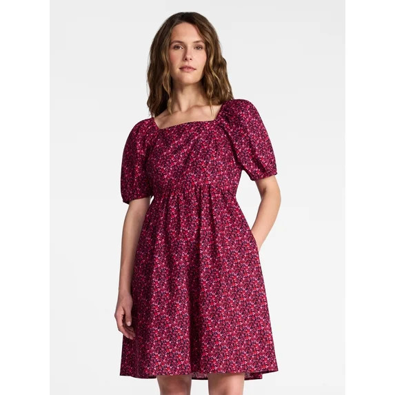 Time and Tru Women's and Women's Plus Tie Back Mini Dress with Puff Sleeves, Sizes XS - 4X | Walmart (US)