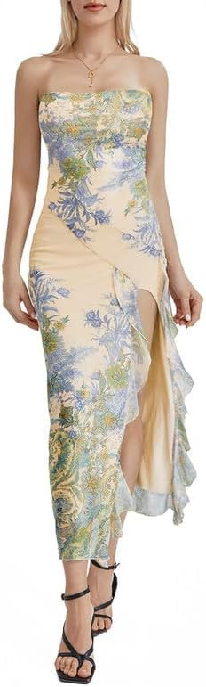 Women Y2k Floral Tube Long Dress Off Shoulder Strapless Maxi Dress Bodycon Open Back Midi Dress C... | Amazon (US)