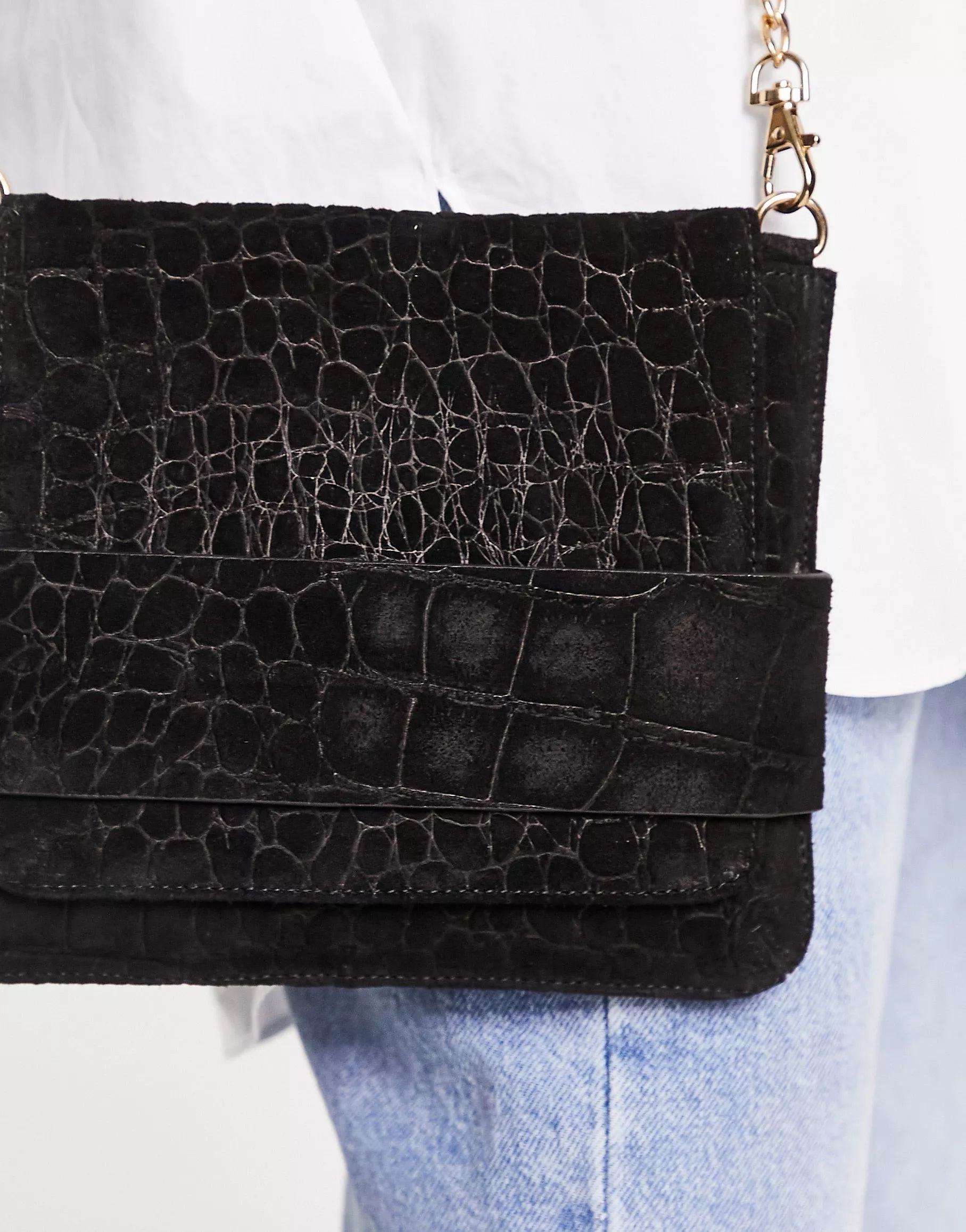 Urbancode suede croc flap over chain crossbody bag in black | ASOS (Global)
