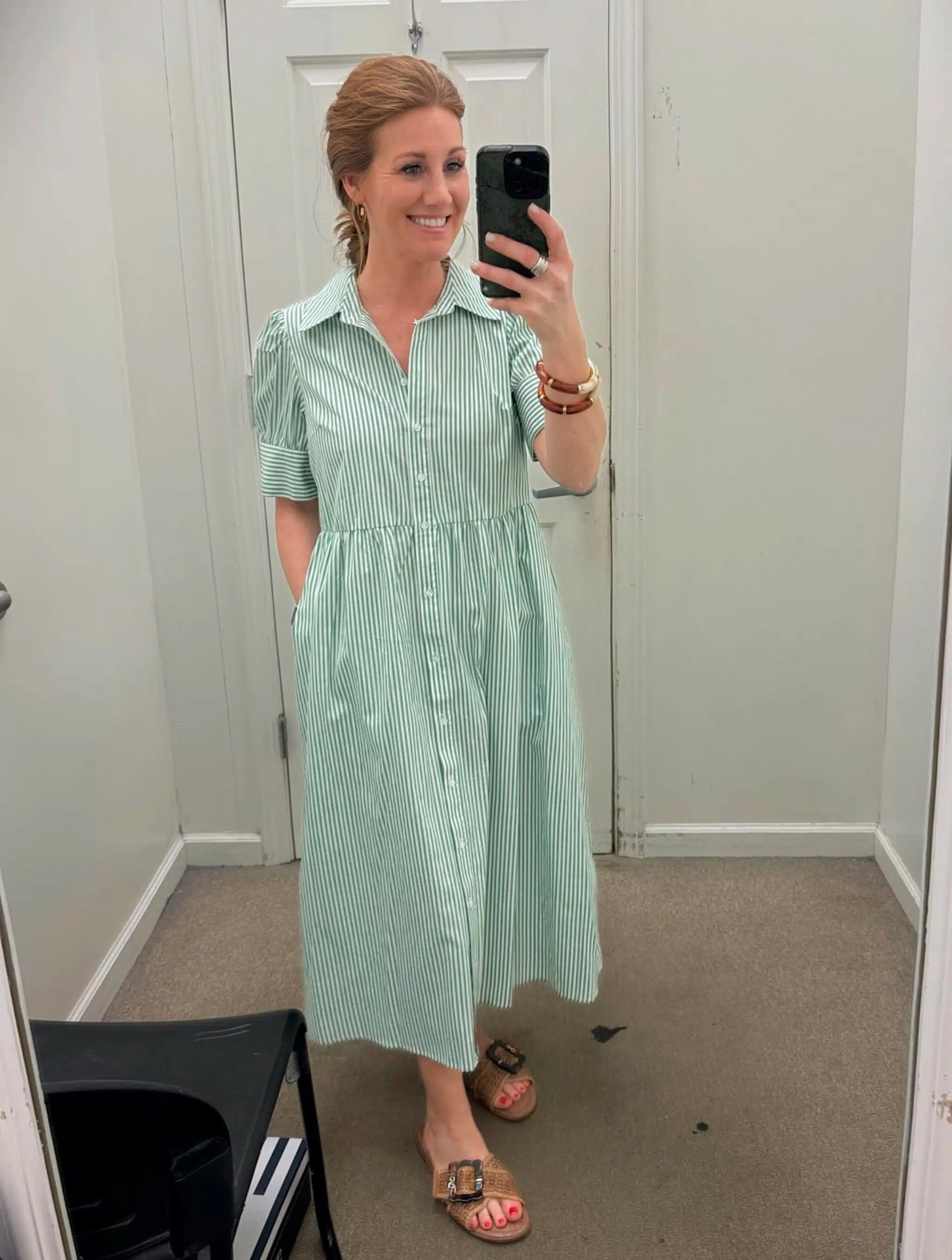 This green and white striped shirt dress is a great piece to have in your wardrobe! This one can be worn with sandals, heels or sneakers. It would be work appropriate, and great for church, family photos or vacation! Size small dress | size 8.5 sandals 

#LTKSpringSale #LTKWorkwear #LTKPetite