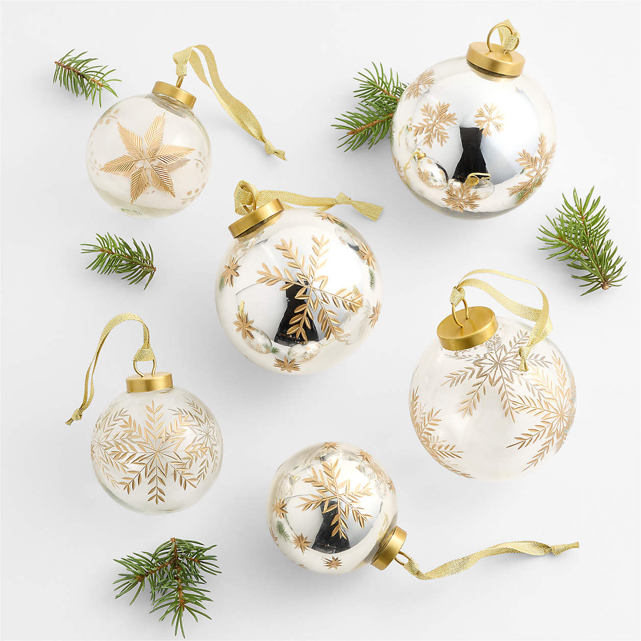 Metallic and Clear Glass Snowflake Christmas Tree Ornaments, Boxed Set of 6 + Reviews | Crate & B... | Crate & Barrel
