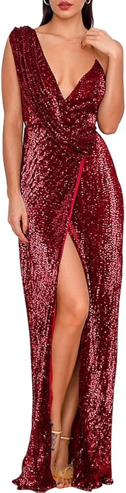 WRStore Women's Sequin Dress Sexy V-Neck Sleeveless Backless Front Slit Long Dress Evening Prom Form | Amazon (US)