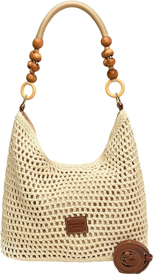Crochet Summer Beach Bag for Women Woven Cotton Mesh Hobo Handbag Fashion Bead Handmade Shoulder ... | Amazon (US)