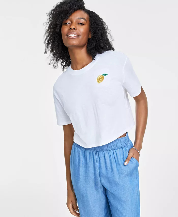 On 34th Women's Cropped Sequin Embellished Tee, Created for Macy's - Macy's | Macy's
