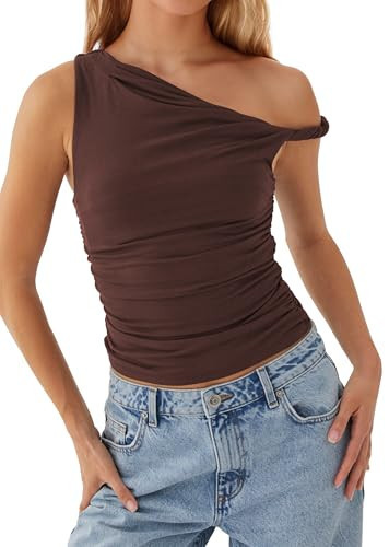 Ythomm Women One Shoulder Ruched Crop Tank Tops Casual Off The Shoulder Twist Strap Summer Tanks Tops Going Out Crop Shirts Brown | Amazon (US)