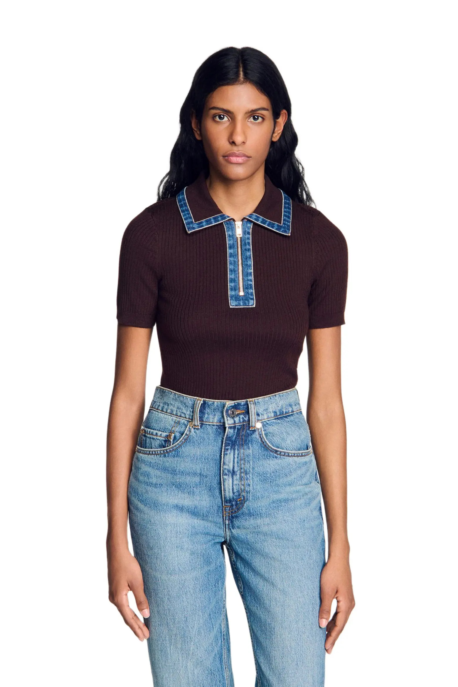 SANDRO Knit polo sweater with denim collar (Women) | Nordstrom | Nordstrom