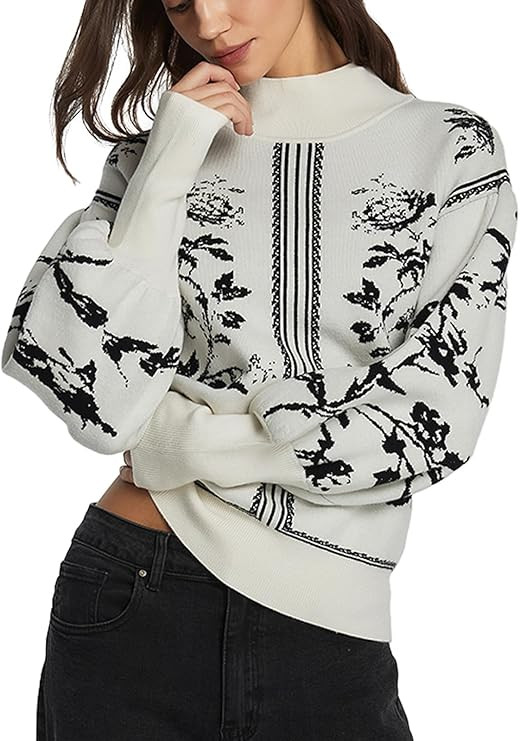 Women's Turtleneck Sweater Print Long Lantern Sleeve Fall Fashion 2025 Trendy Knit Pullover Tops | Amazon (US)