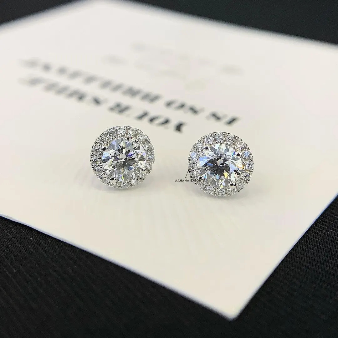 1.00 Carat Each Lab Grown Round Cut Diamond Halo Stud Earrings / 14kt White Gold Diamond Stud Ear... | Etsy (US)