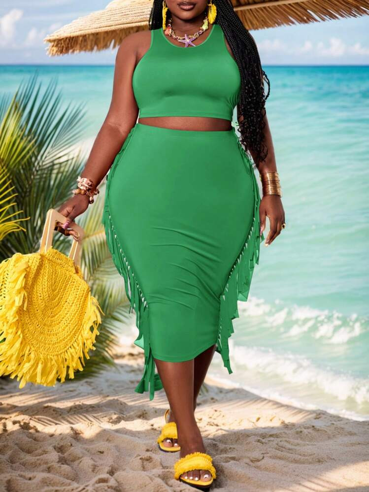 Slaydiva Plus Size Music Festival-Plain Knit Maroon Tank Top With Fringed Skirt Set (Size A),Holiday Outfits | SHEIN