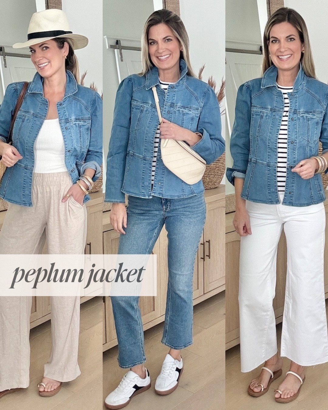 3 ways to style a denim jacket! This specific shade is sold out but there is a darker wash that would be nice to take into fall! I love this peplum style. If I can’t think of 3 ways to style a new piece with something I already own, it’s a pass for me. More details on the 3 way rule I l follow when shopping 👉🏻 https://pinterestingplans.com/the-three-way-rule/

#LTKStyleTip #LTKOver40 #LTKSeasonal