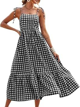 PRETTYGARDEN Summer Dress for Women Plaid Spaghetti Strap Square Neck Tiered Ruffle Flowy Maxi Dr... | Amazon (US)
