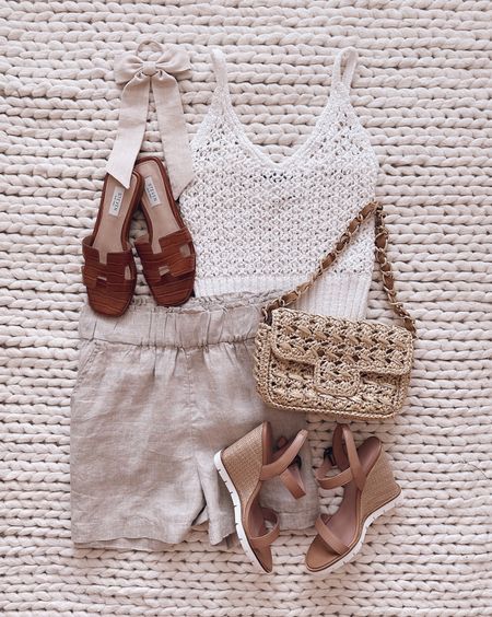 Crochet top paired with linen shorts and sandals for summer beach nights, and summer outfits for travel 

#LTKunder100 #LTKsalealert #LTKtravel