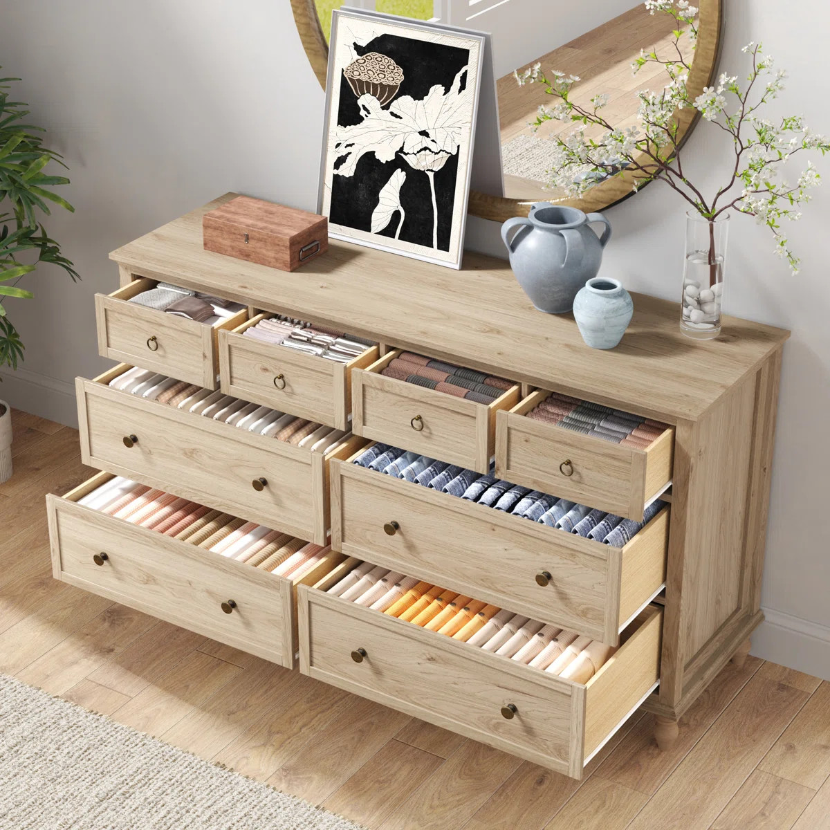 8 Drawer Dresser For Bedroom, 65in Large Long Drawer Dresser with Deep Drawers, Rustic Wood Wide ... | Wayfair North America