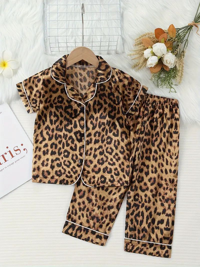 Kid's Leopard Pattern Satin Pajamas Button Front Short - Temu | Temu Affiliate Program