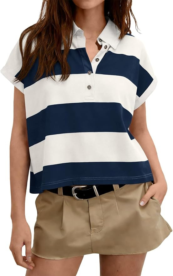 Tankaneo Womens Striped Polo Shirts Summer Short Sleeve Rugby Shirt Oversized Cotton Collared Cas... | Amazon (US)