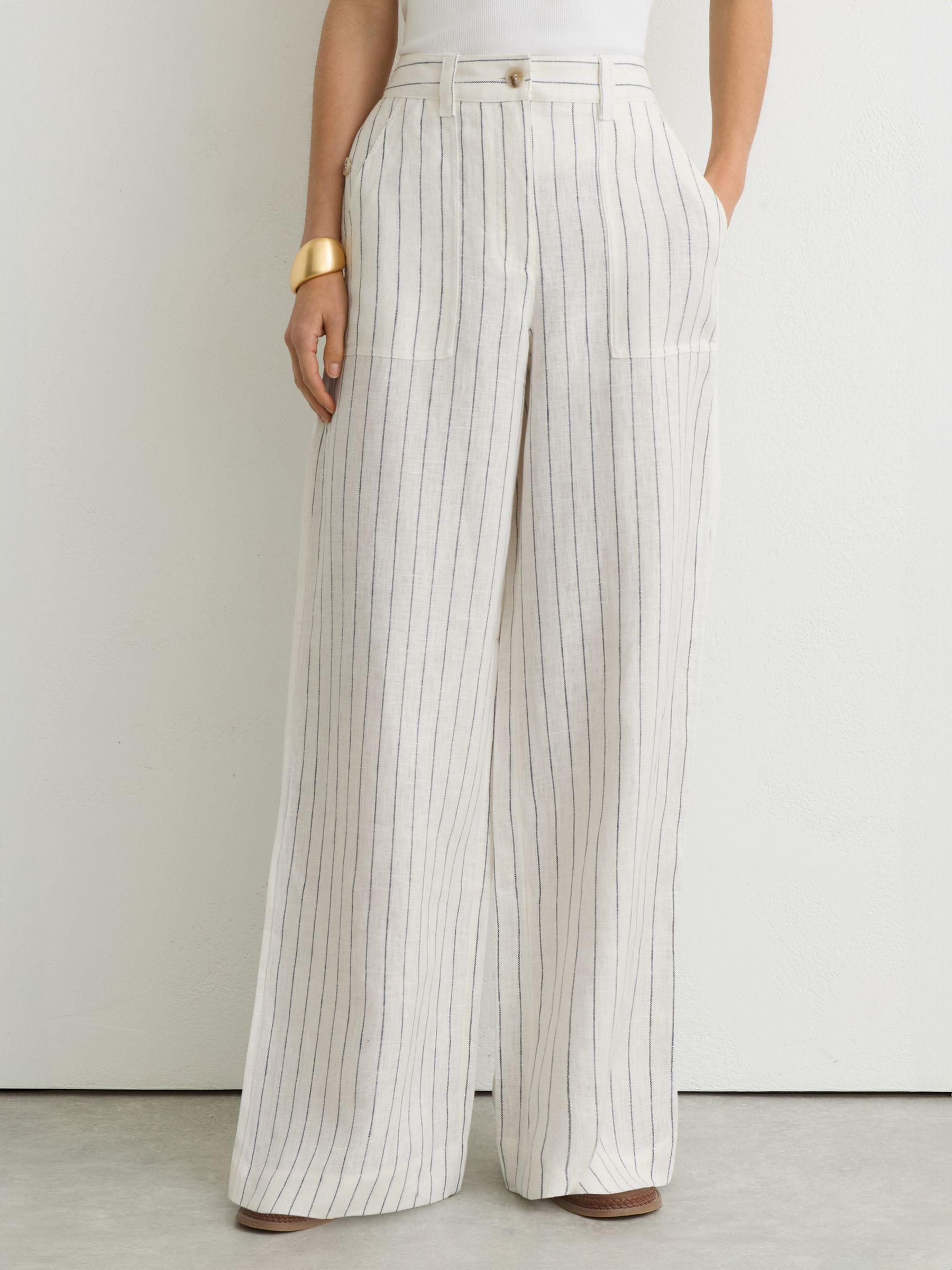 Reiss Linen Pinstripe Wide-Leg Trousers in White/Navy - REISS | Reiss UK