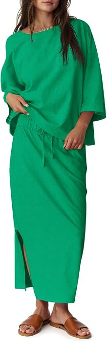 Tankaneo Womens 2 Piece Skirt Sets Oversized 3/4 Sleeve Top and Maxi Skirt Fall Matching Outfits Travel Vacation Set | Amazon (US)