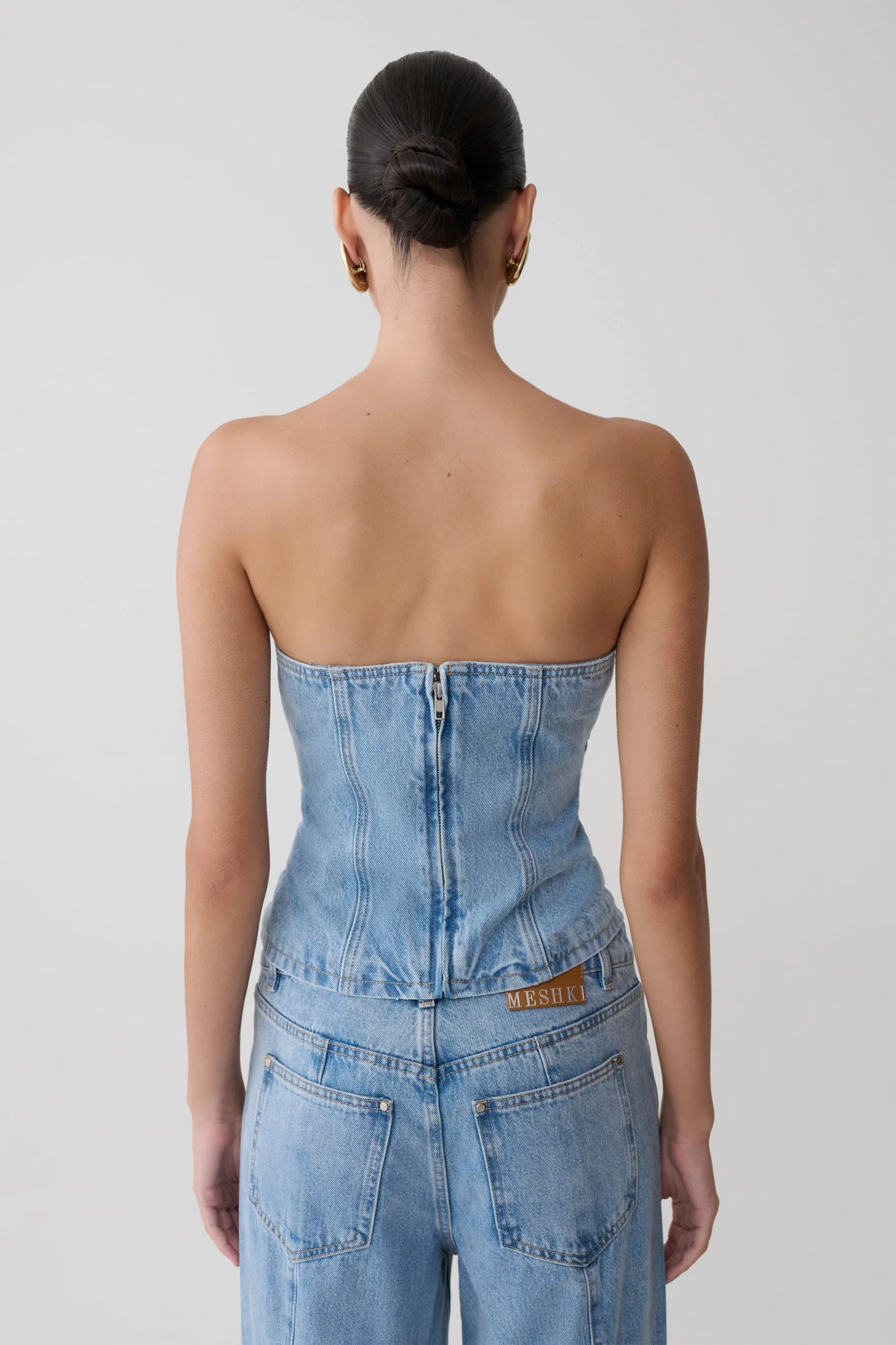 Strapless Denim Top With Buckle - Classic Blue | MESHKI US