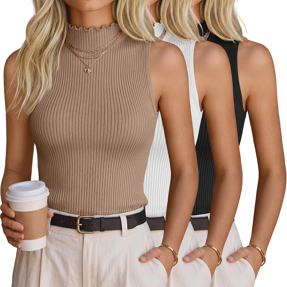 Riyiper 3 Pack Women's Turtleneck Tank Tops Sleeveless High Neck Ribbed Fitted Lettuce Trim Shirt... | Amazon (US)