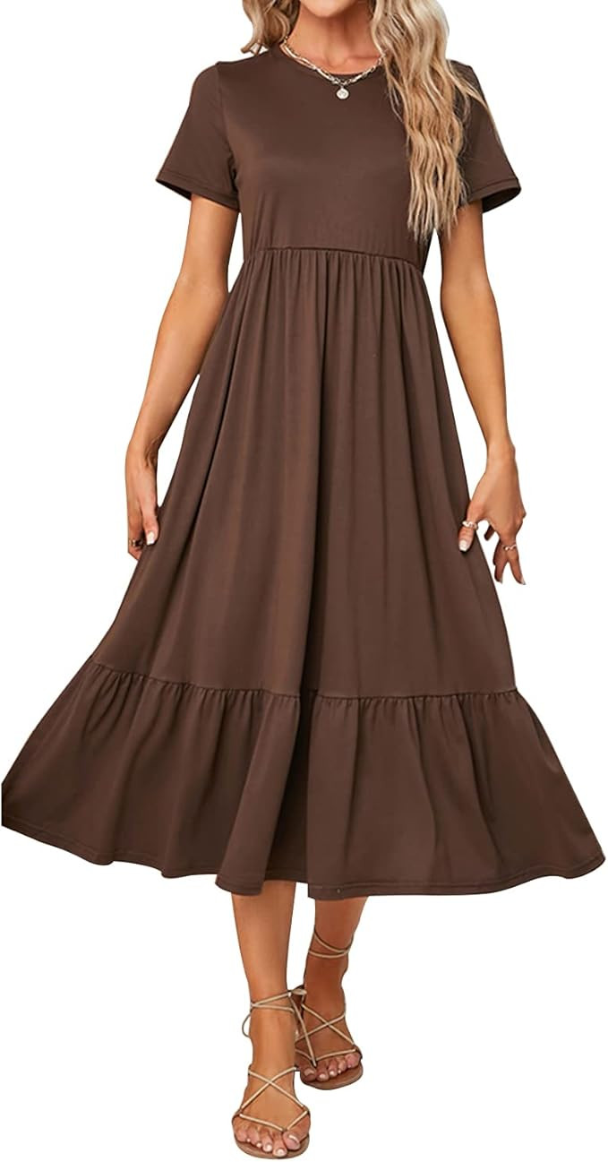 Summer Maxi Dresses for Women 2023, Casual Short Sleeve Crewneck Flowy Long Dresses Tiered Swing ... | Amazon (US)