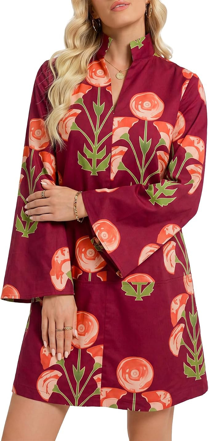 EZAPINE Bell Sleeve Dress for Women Floral V Neck Stand Collar Cotton Shift A line Vacation Beach... | Amazon (US)