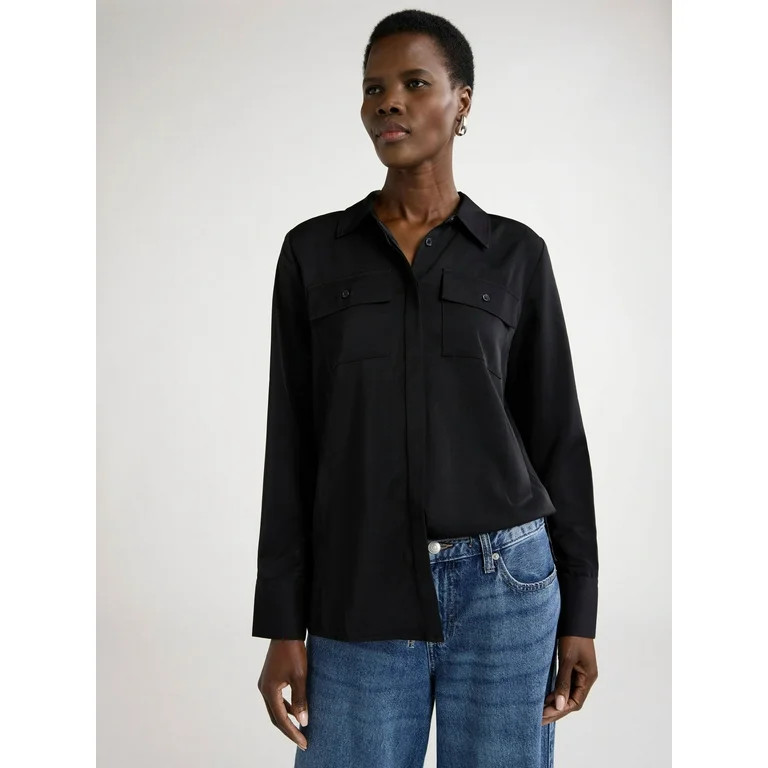 Scoop Women’s Ultimate Button Down Blouse with Two Pockets, Sizes XS-XXL | Walmart (US)