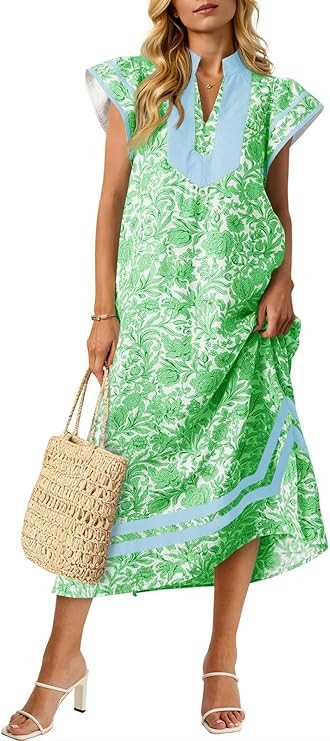 Wenrine Womens Summer Floral Maxi Dress Casual Short Cap Sleeve V Neck Color Block Side Slit Loos... | Amazon (US)