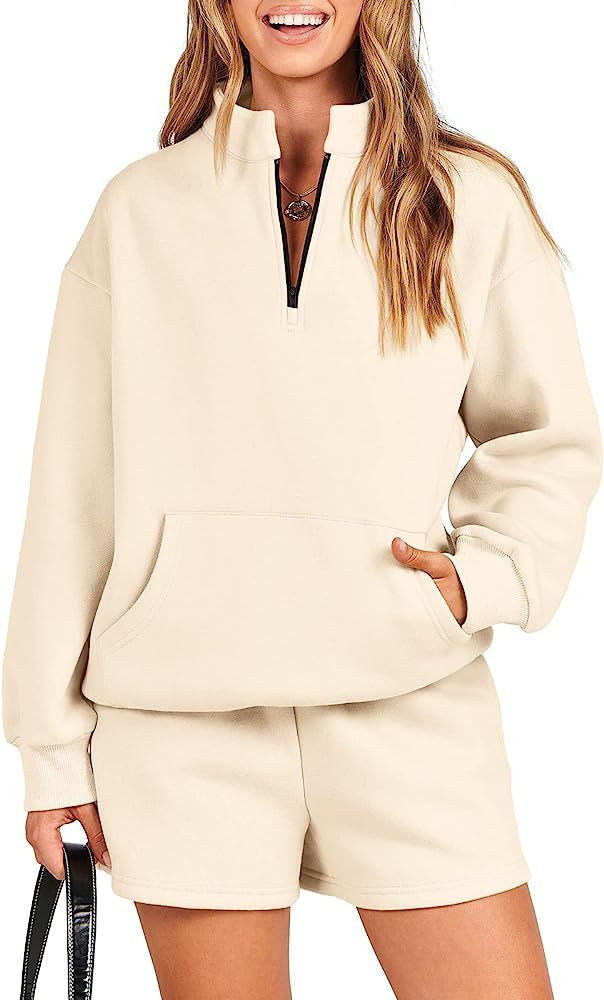 Women 2 Piece Outfits Sweatsuit Oversized Half Zip Collared Sweatshirt & Short Set Lounge Wear Tr... | Amazon (US)