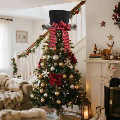 Large Black Christmas Tree Topper - Rustic Top Hat with Buffalo Plaid Bow Ribbon, Festive Xmas Tree Ornament for Farmhouse Home Office Holiday Decorat | Wayfair North America