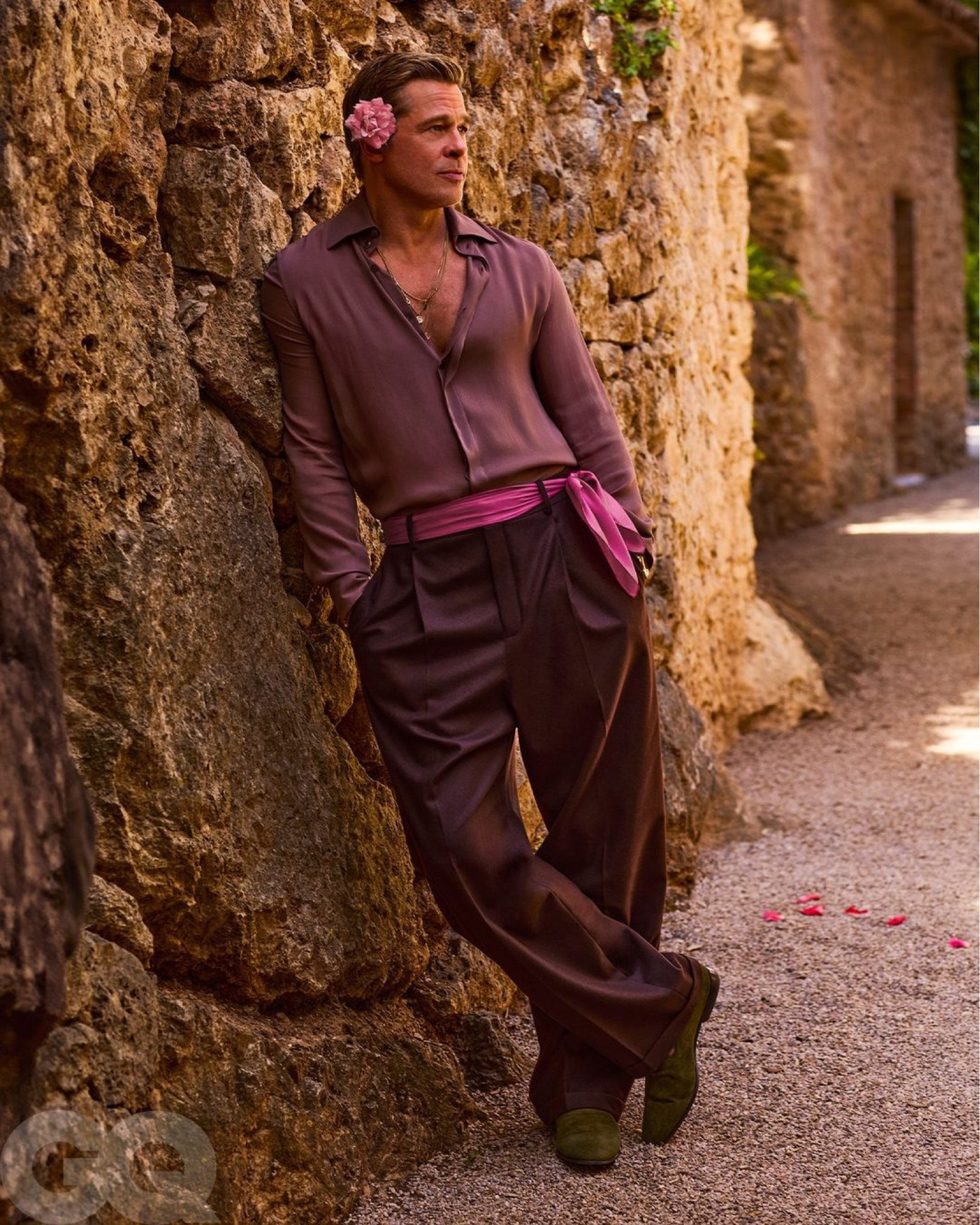 Brad Pitt wears a Saint Laurent  shirt & pants, Manolo Blahnik shoes, Charvet scarf belt for GQ.

#LTKStyleTip #LTKTravel #LTKMens