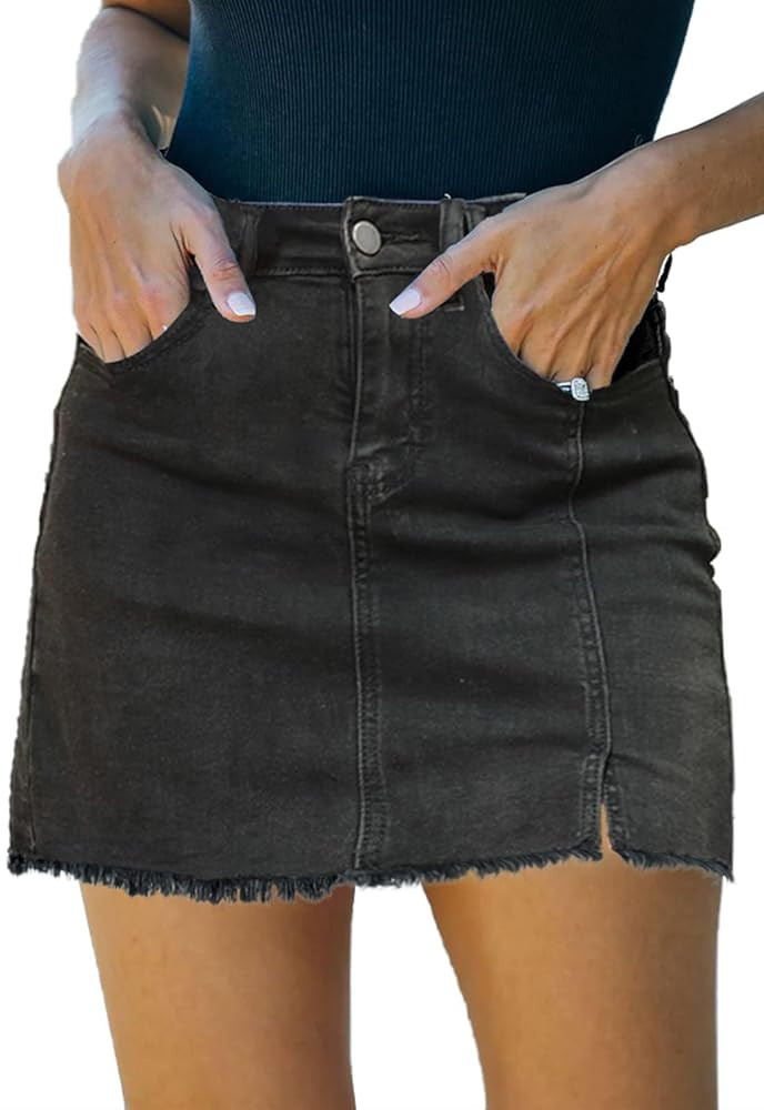Women’s Denim Mini Skirt High Waist Casual Split Hem Washed Frayed A-line Jean Skirts with Pock... | Amazon (US)