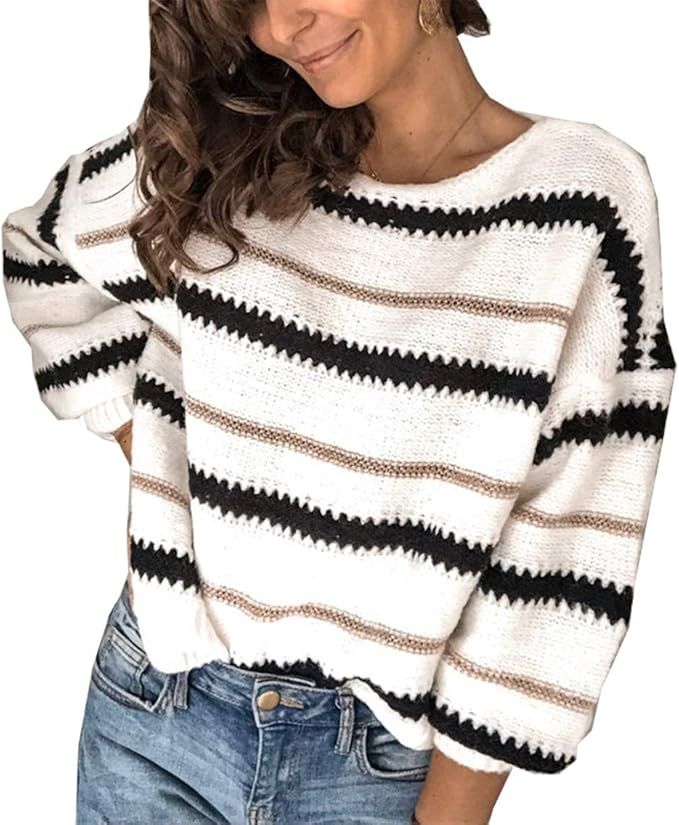 PRETTYGARDEN Women’s Fashion Long Sleeve Striped Color Block Knitted Sweater Crew Neck Loose Pu... | Amazon (US)
