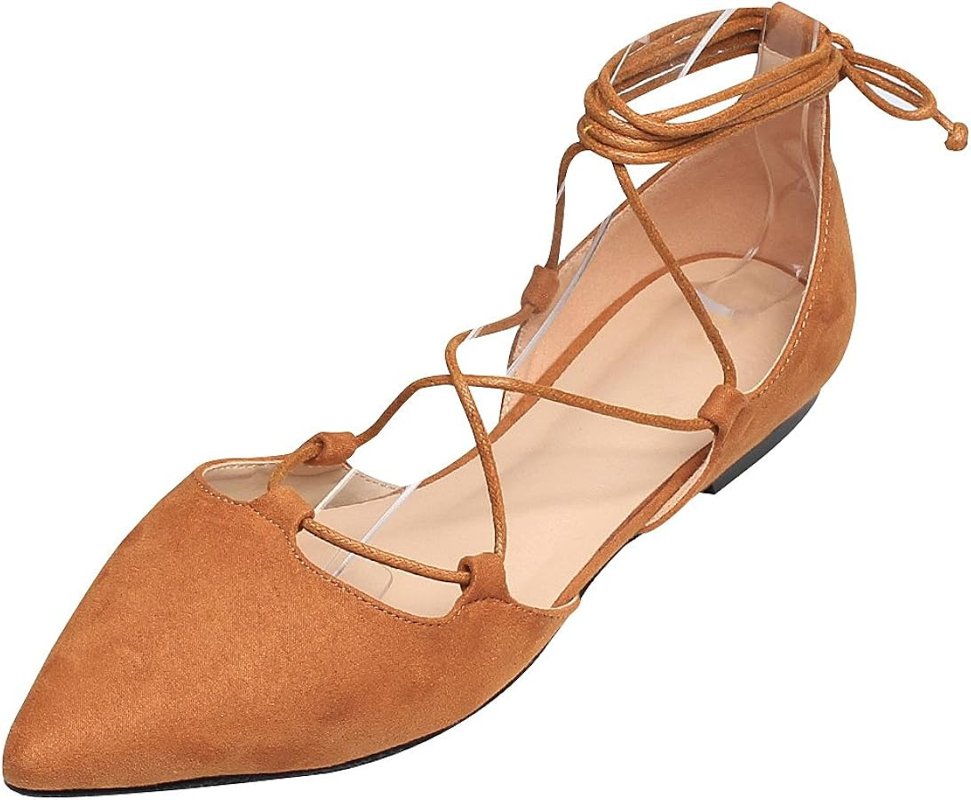 ANUFER Women Soft Faux Suede Flat Pointed Toe Pumps Fancy Cross Lace Up Ballerinas Shoes | Amazon (US)