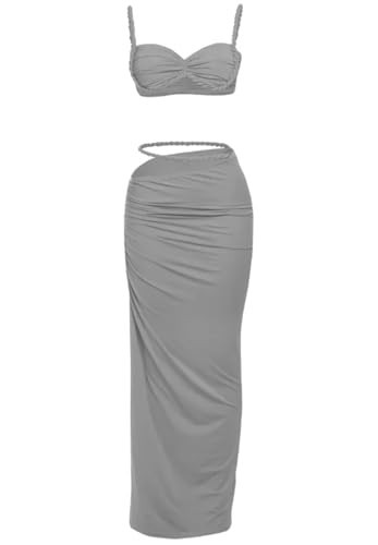 longlugoo Women's Two Piece Skirt Sets Summer Beach Sexy Ruched Backless Cami Top And Cut Out Skirt Night Out Dress | Amazon (US)