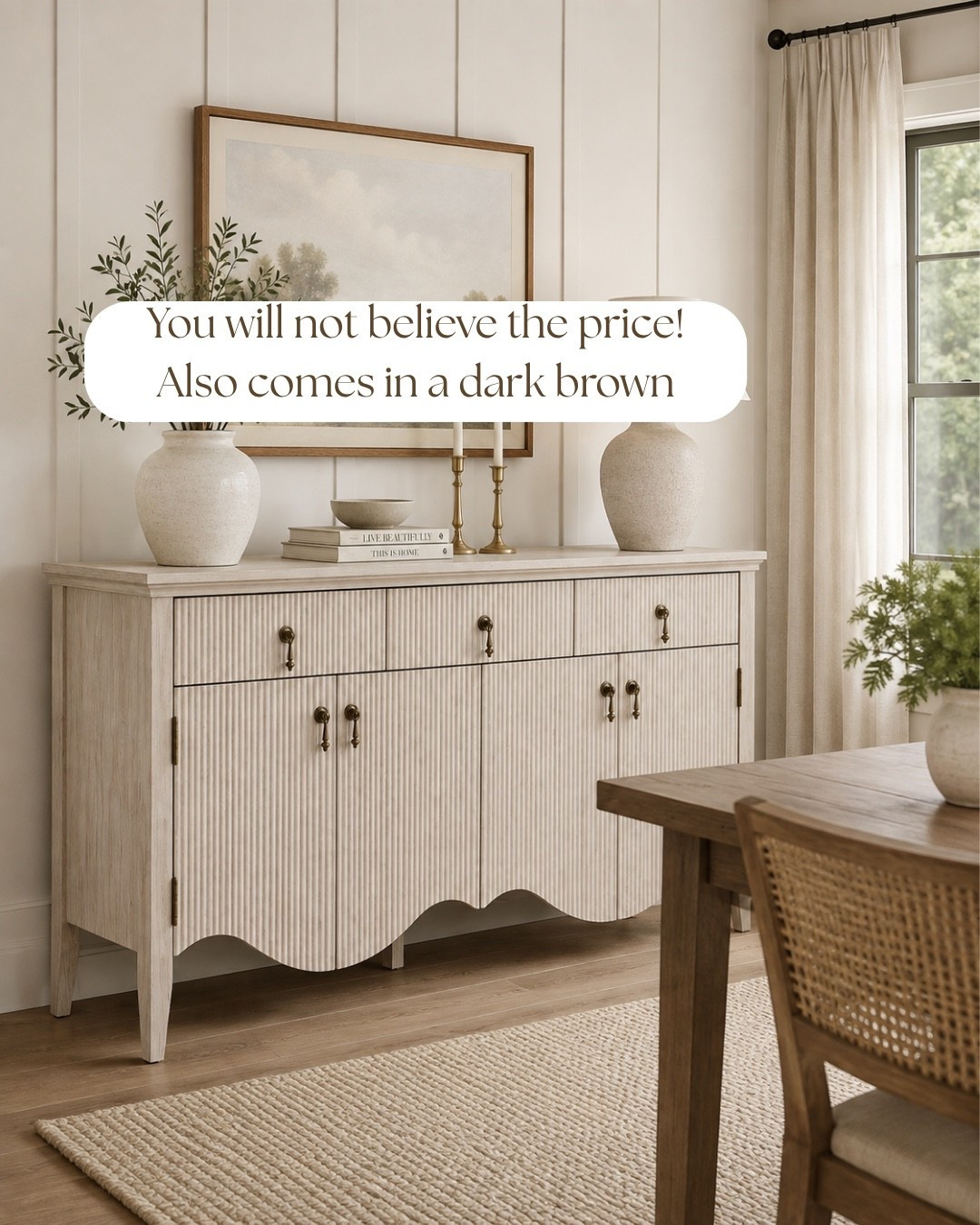 This scalloped sideboard is giving modern cottage dining room dreams 🤍

I love the fluted details, scalloped doors, warm wood finish, and antique-inspired brass hardware. It’s one of those pieces that makes a room feel instantly more collected without feeling too formal.

Perfect for storing serving pieces, linens, dishes + all those dining room extras you don’t want sitting out!

#LTKSaleAlert #LTKHome