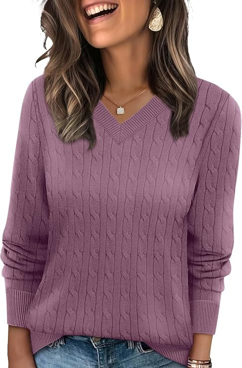 Sampeel Sweaters for Women Fashion 2025 Cable Knit Fall Clothes V Neck Business Casual Teacher Ou... | Amazon (US)