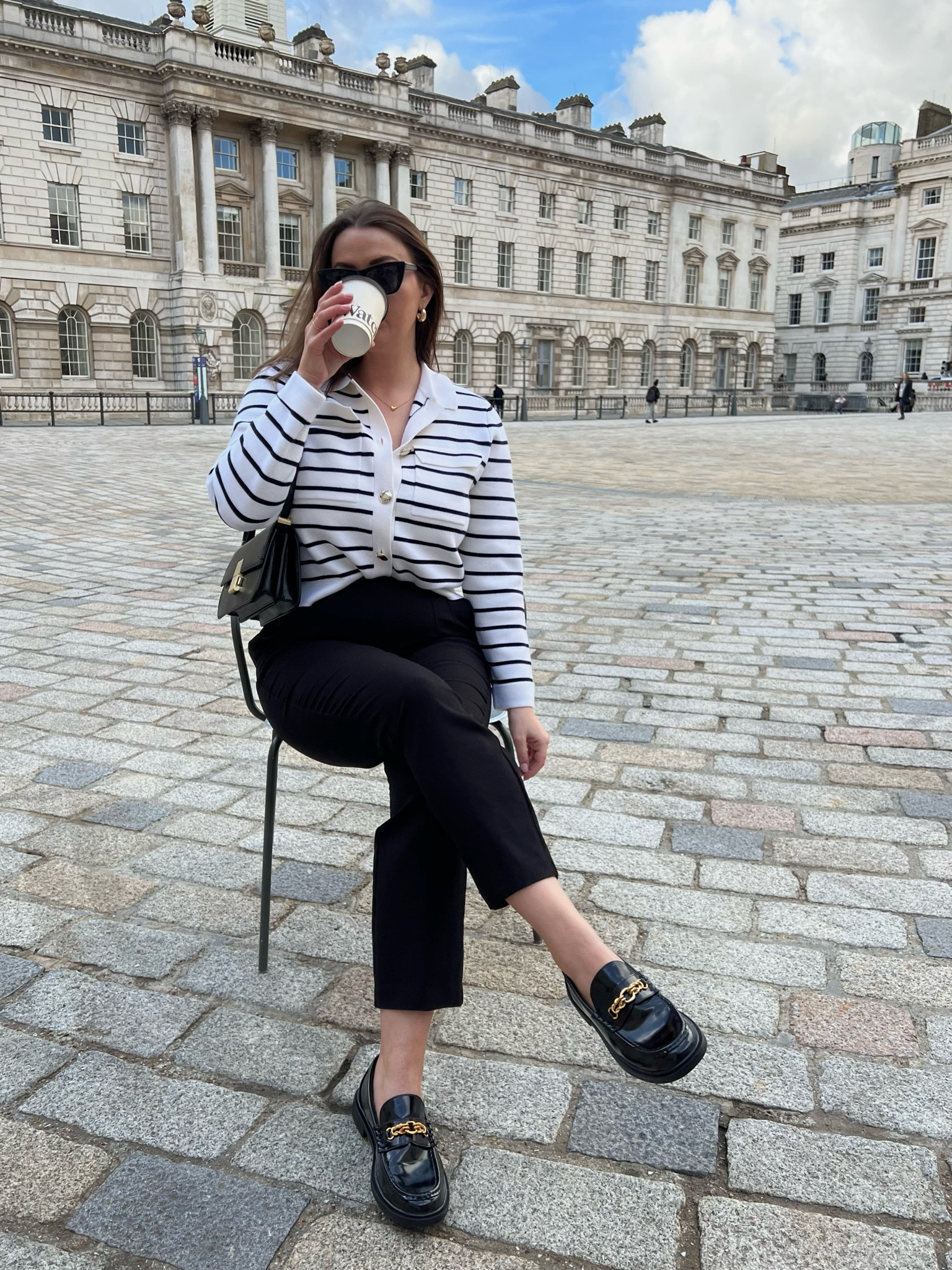 Parisian inspired outfit - Sezane striped cardigan, black tailored trousers, mango black loafers Celine inspired, Marks and Spencer Celine inspired black handbag & Katie Loxton sunglasses  

#LTKstyletip #LTKshoecrush #LTKeurope