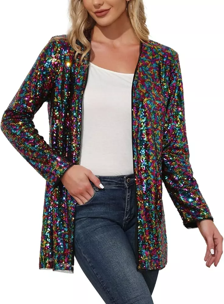 KANCY KOLE Women Long Sleeve Sequin Blazer Casual Open Front