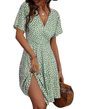 FENSACE Womens Sundress Summer Floral Short Sleeve Wrap V Neck A-Line Midi Dress | Amazon (US)