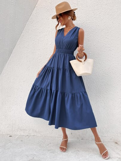 Shirred Tie Back Ruffle Hem Dress | SHEIN